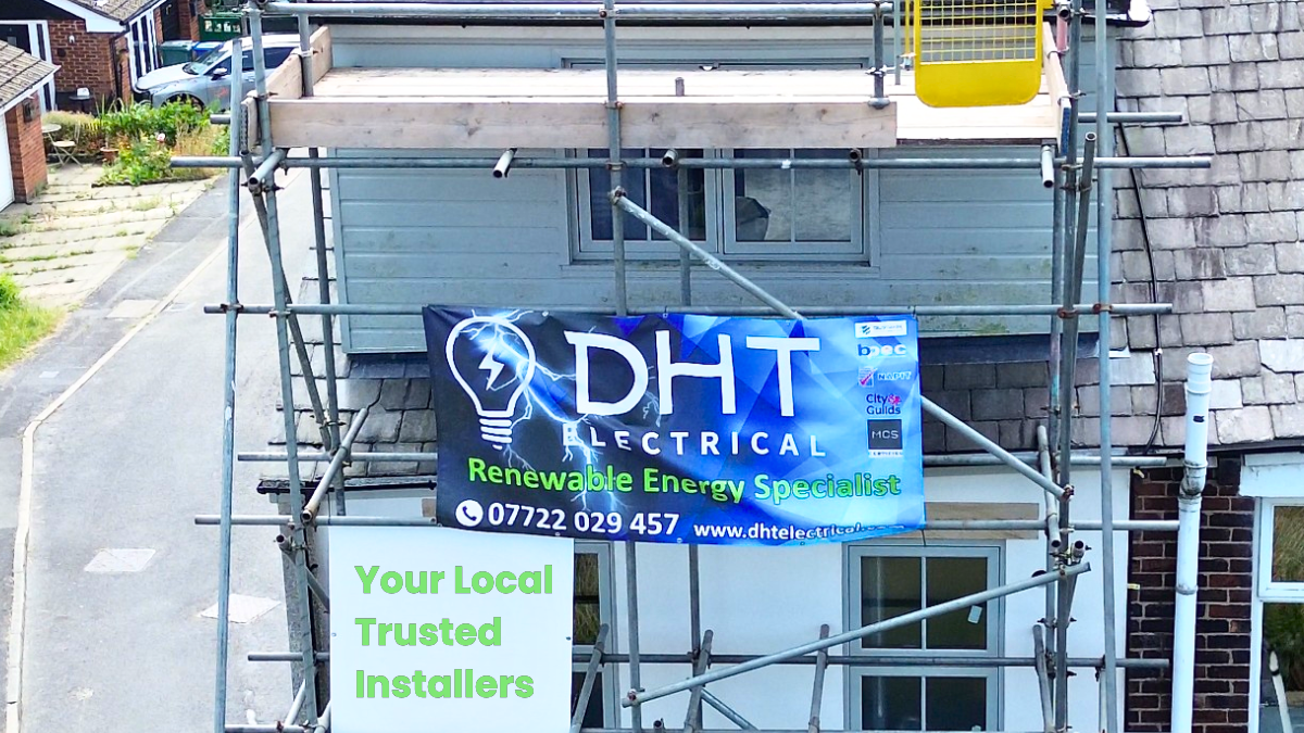 DHT Electrical banner on scaffolding at a Manchester installation